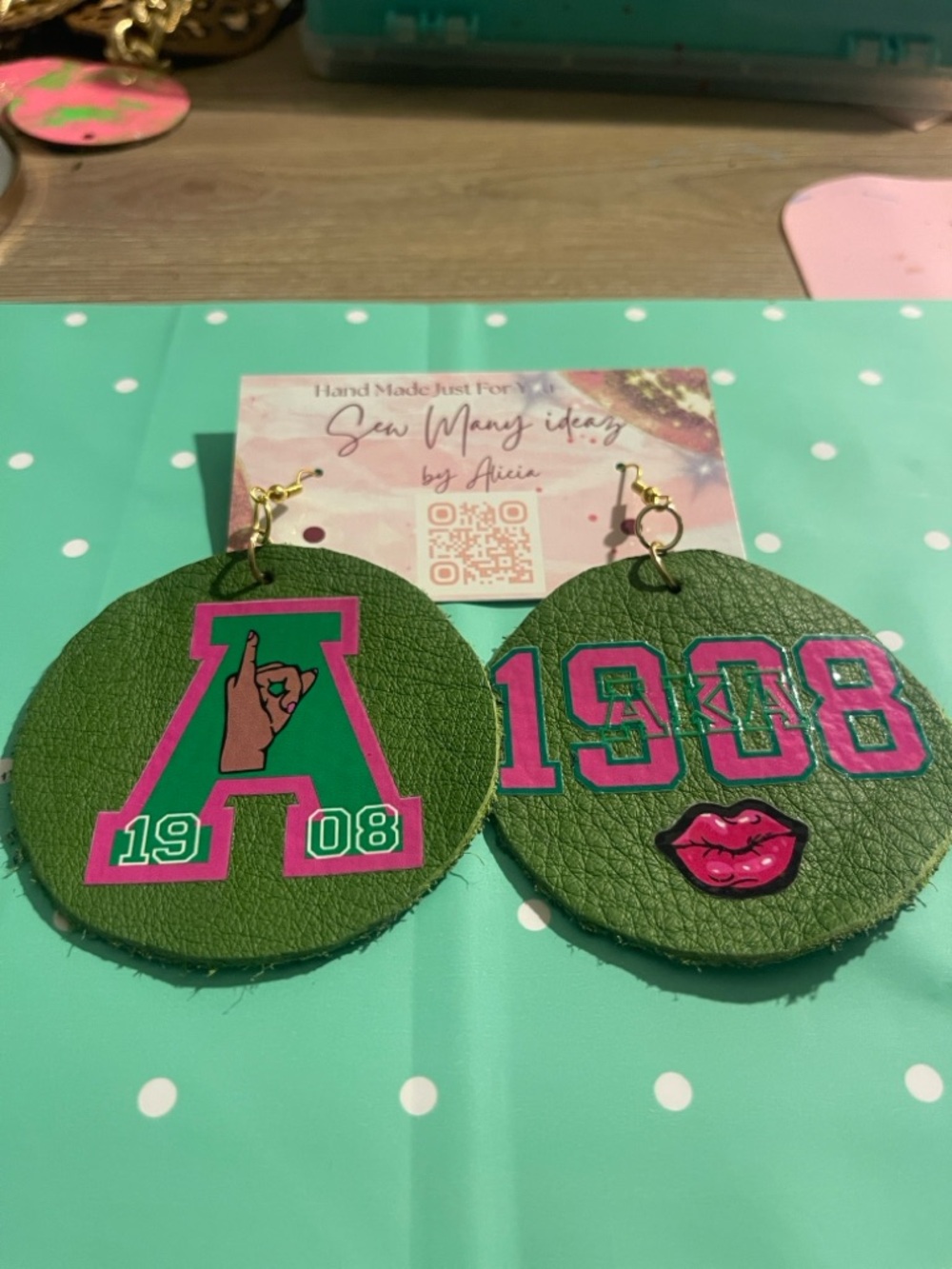 Green 1908 Round Statement Earrings with Pink Accents